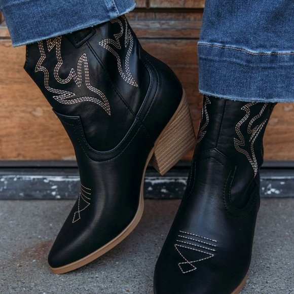 NEW🔥 Pointed Toe Embroidered Cowboy Cowgirl Western Ankle Boots Booties Pull On - Picture 3 of 9